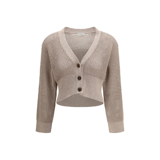 Brunello Cucinelli Beige Cotton Cardigan with Sequined Mesh