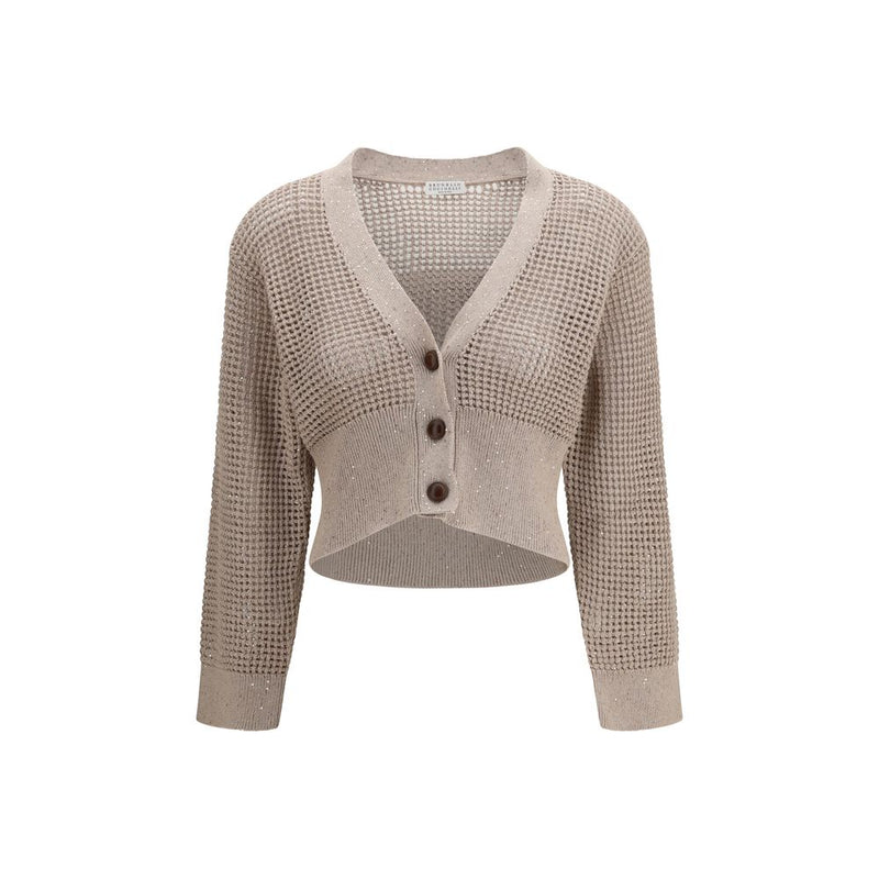 Brunello Cucinelli Beige Cotton Cardigan with Sequined Mesh