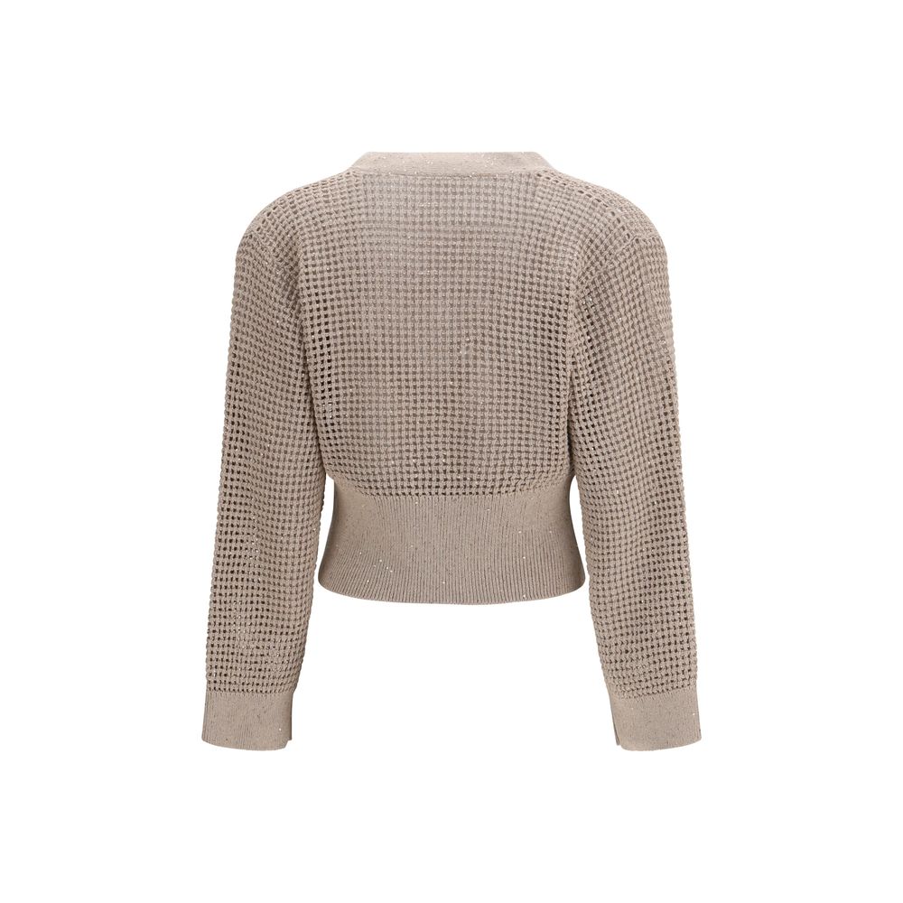 Brunello Cucinelli Beige Cotton Cardigan with Sequined Mesh