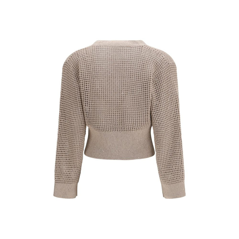 Brunello Cucinelli Beige Cotton Cardigan with Sequined Mesh