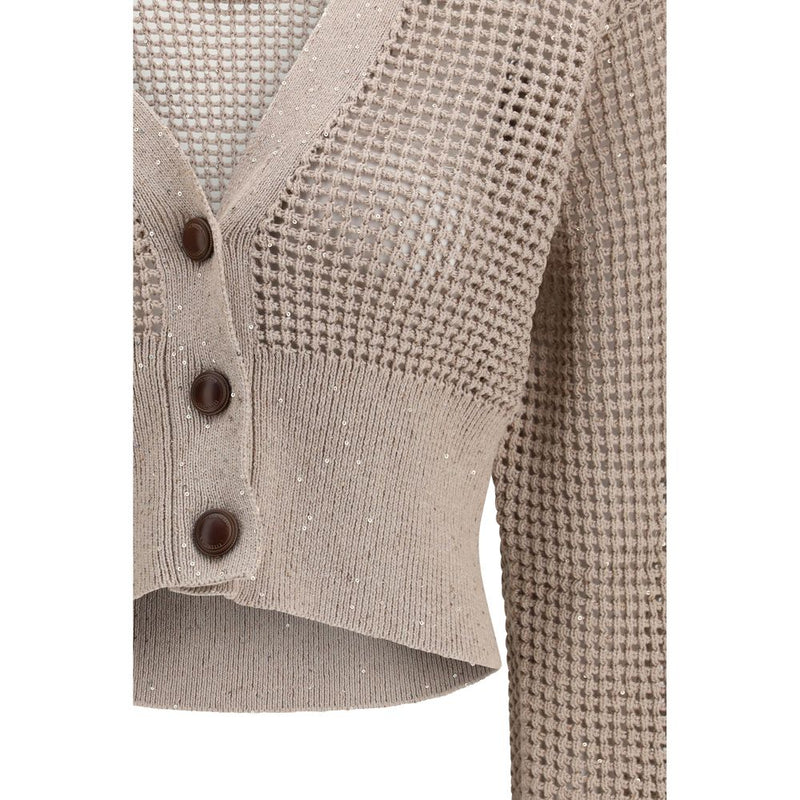Brunello Cucinelli Beige Cotton Cardigan with Sequined Mesh