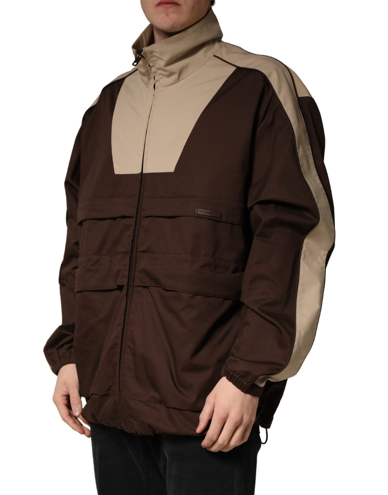 Blouson coupe-vent zippé en coton beige et marron Dolce & Gabbana