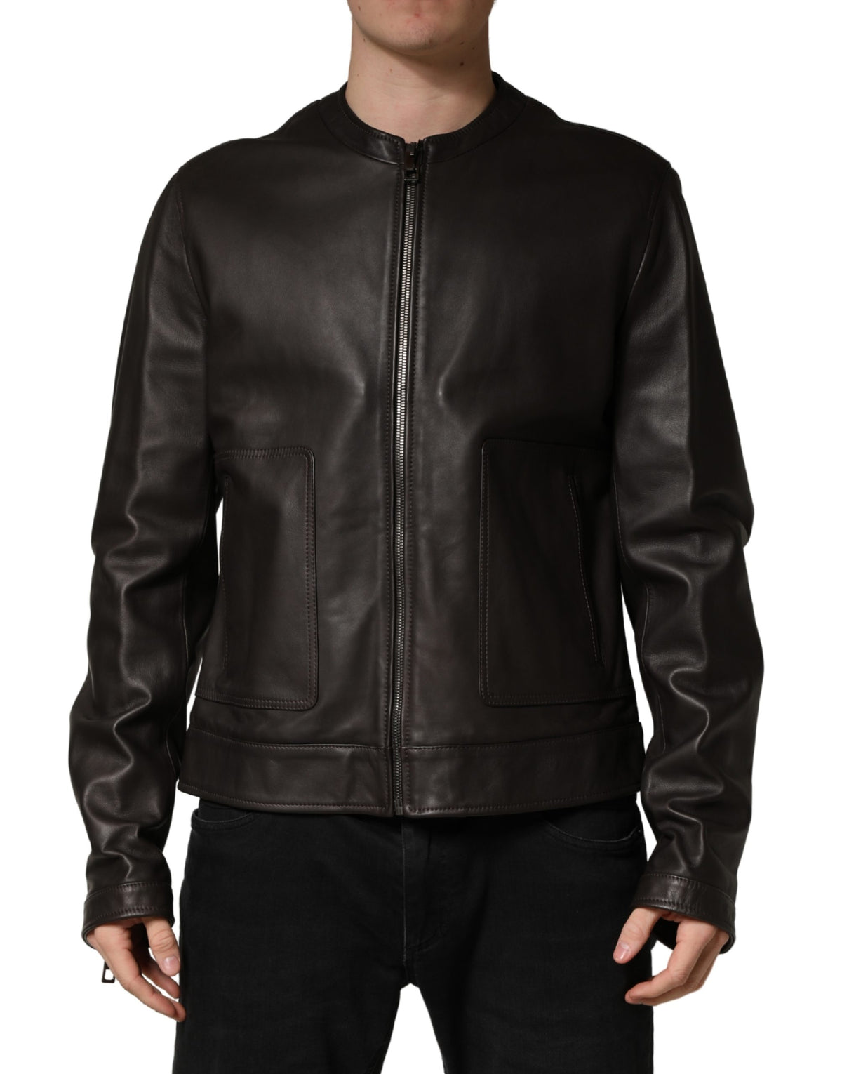 Blouson de moto en cuir d'agneau noir avec fermeture éclair Dolce & Gabbana