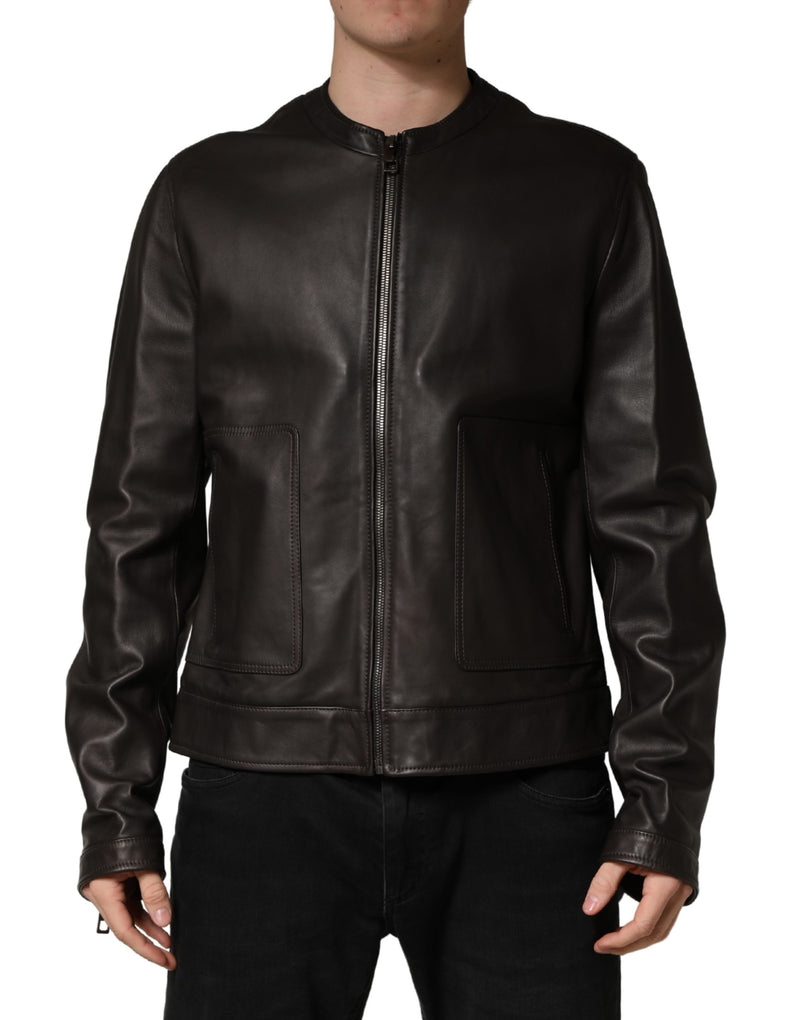 Blouson de moto en cuir d'agneau noir avec fermeture éclair Dolce & Gabbana
