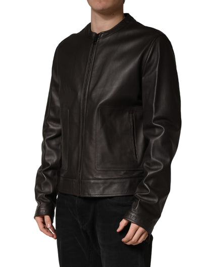 Blouson de moto en cuir d'agneau noir avec fermeture éclair Dolce & Gabbana
