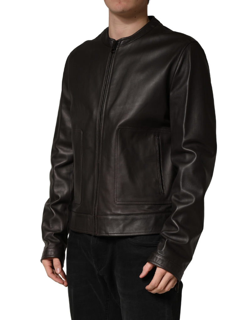 Blouson de moto en cuir d'agneau noir avec fermeture éclair Dolce & Gabbana