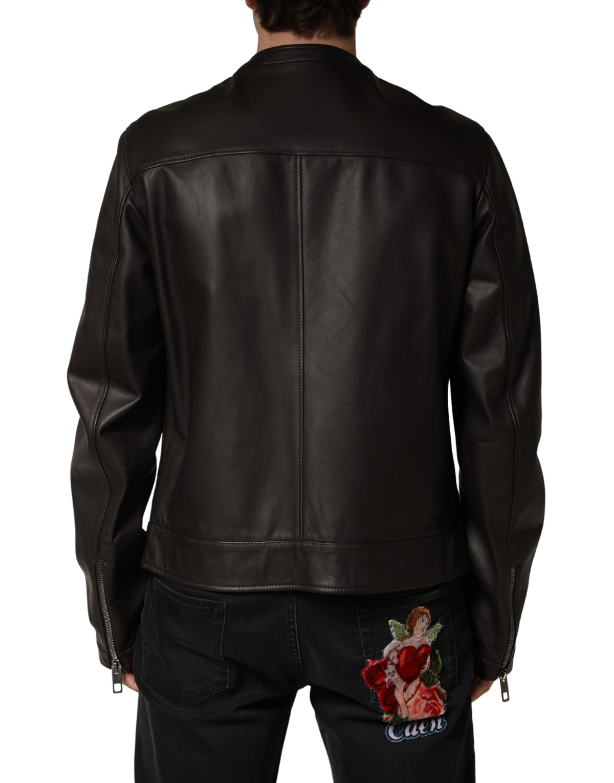 Blouson de moto en cuir d'agneau noir avec fermeture éclair Dolce & Gabbana