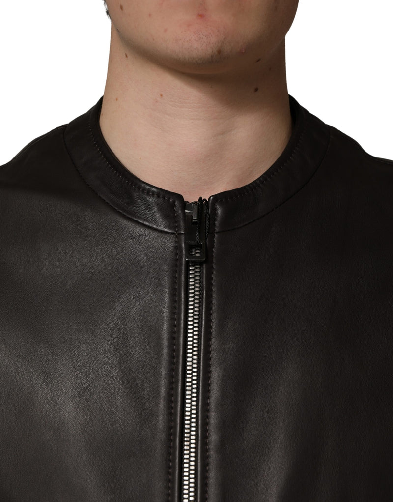 Blouson de moto en cuir d'agneau noir avec fermeture éclair Dolce & Gabbana