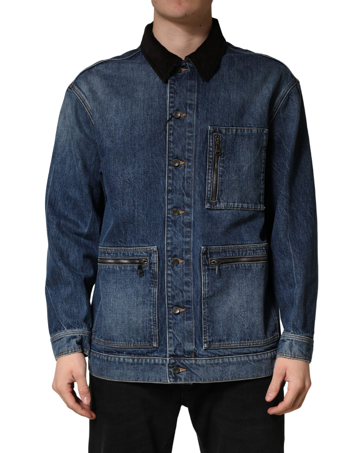 Blouson homme en denim de coton noir et bleu Dolce & Gabbana