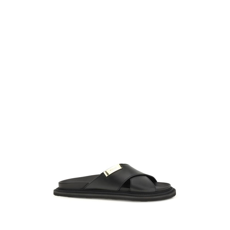 Moschino Black Calf Leather Bos Taurus Flat Sandals for Men