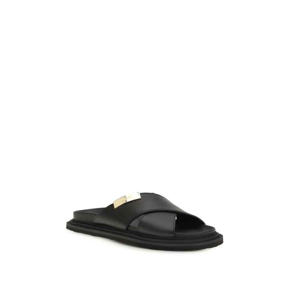 Moschino Black Calf Leather Bos Taurus Flat Sandals for Men