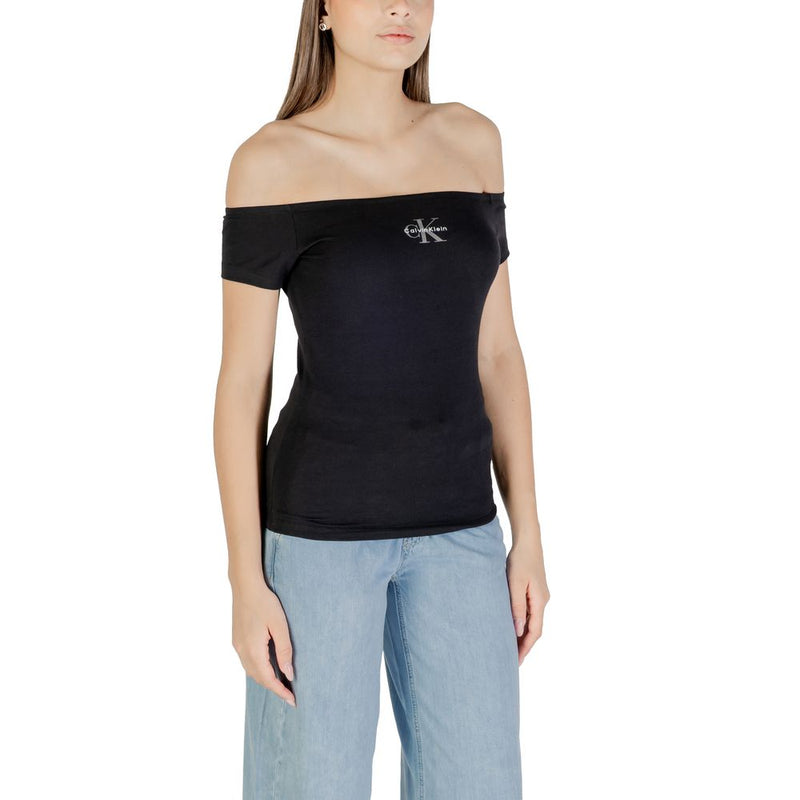 Calvin Klein Jeans Monogram Off-Shoulder Black T-Shirt for Women