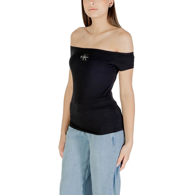 Calvin Klein Jeans Monogram Off-Shoulder Black T-Shirt for Women