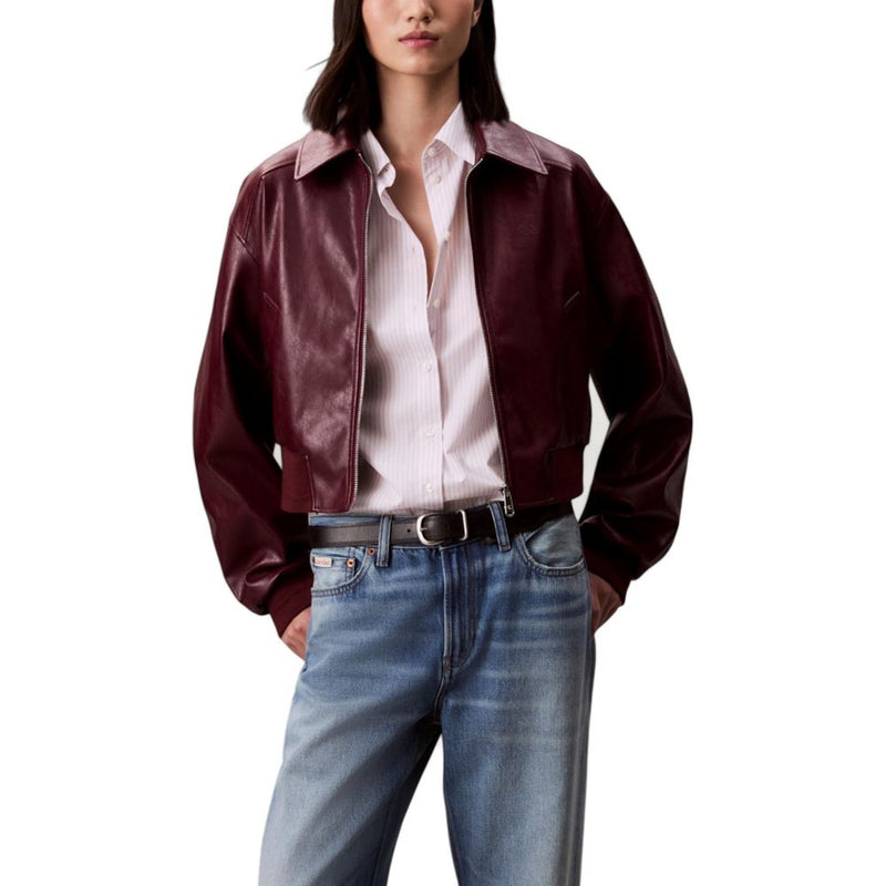 Calvin Klein Jeans Bordeaux Leather Jacket - Women's Cropped Style