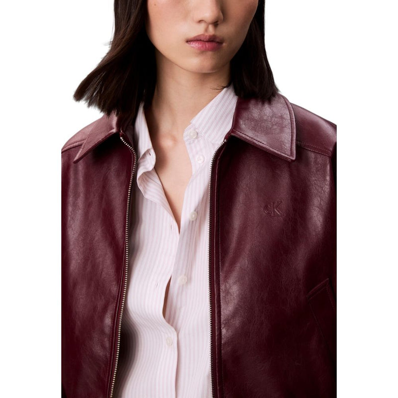 Calvin Klein Jeans Bordeaux Leather Jacket - Women's Cropped Style