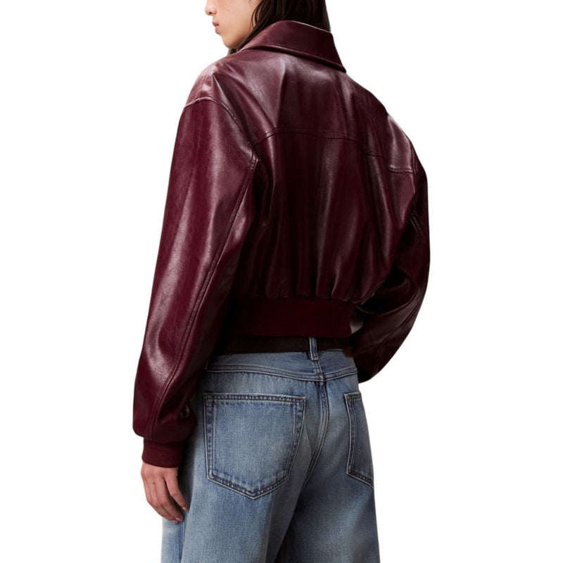 Calvin Klein Jeans Bordeaux Leather Jacket - Women's Cropped Style