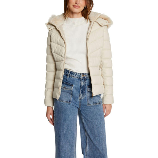 Morgan De Toi Women's Beige Puffer Jacket with Faux Fur Hood