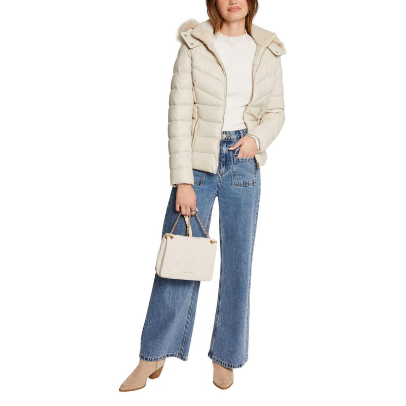 Morgan De Toi Women's Beige Puffer Jacket with Faux Fur Hood