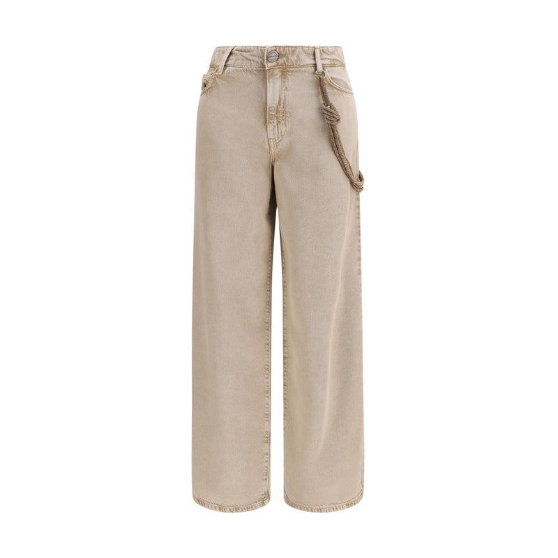 PINKO Lauryn Beige Cotton Relaxed Fit Jeans with Jeweled Cord
