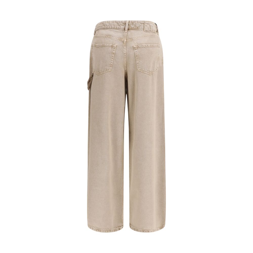 PINKO Lauryn Beige Cotton Relaxed Fit Jeans with Jeweled Cord