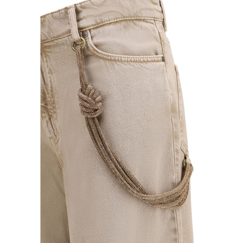 PINKO Lauryn Beige Cotton Relaxed Fit Jeans with Jeweled Cord