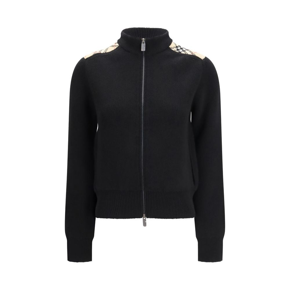 Burberry Black Wool Cardigan with Check Appliqués