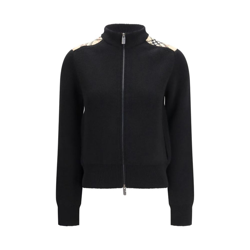 Burberry Black Wool Cardigan with Check Appliqués