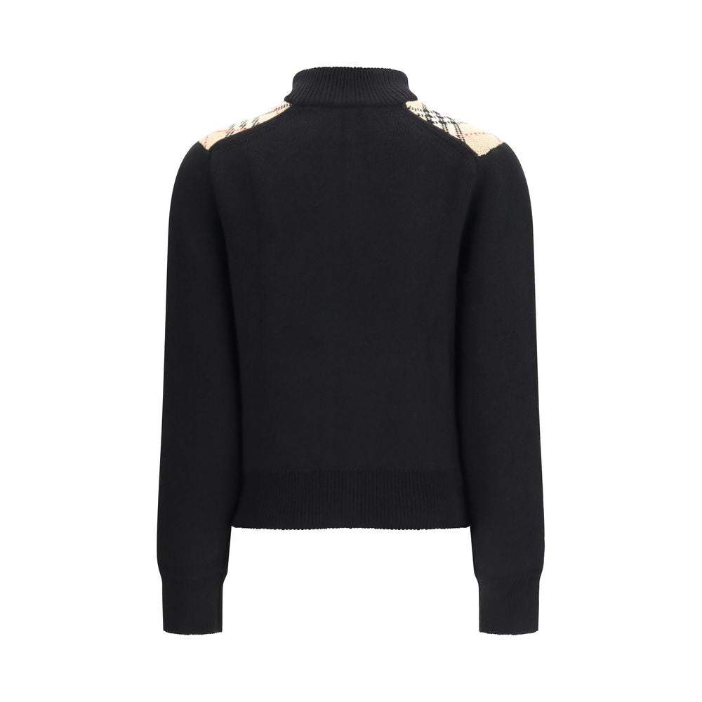 Burberry Black Wool Cardigan with Check Appliqués