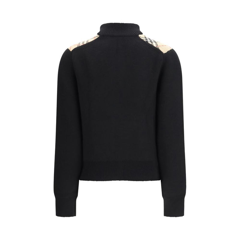 Burberry Black Wool Cardigan with Check Appliqués
