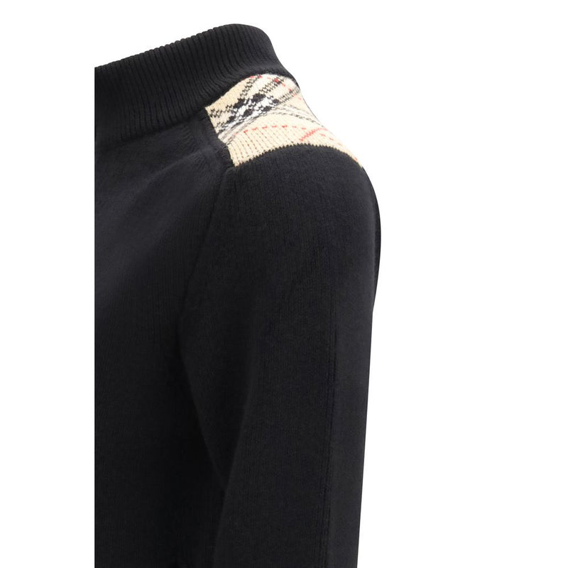 Burberry Black Wool Cardigan with Check Appliqués