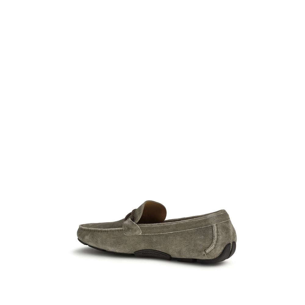 Ferragamo Gray Calf Leather Bos Taurus Slip-On Loafers