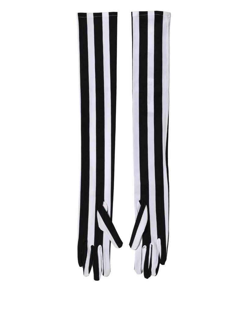 Dolce & Gabbana Black White Stripes Elbow Length Women Gloves
