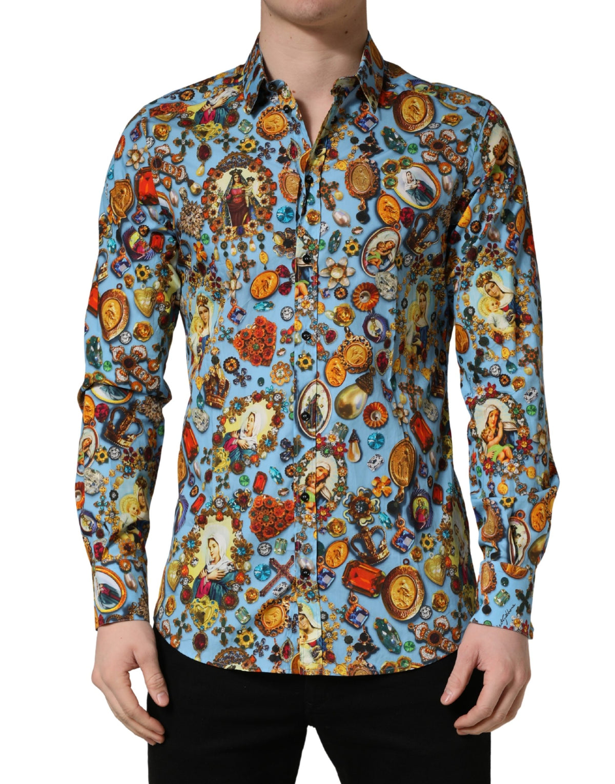 Chemise boutonnée Dolce & Gabbana en coton bleu à imprimé bijou GOLD