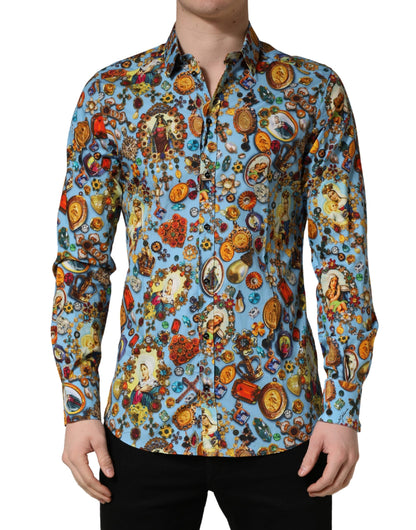 Chemise boutonnée Dolce & Gabbana en coton bleu à imprimé bijou GOLD