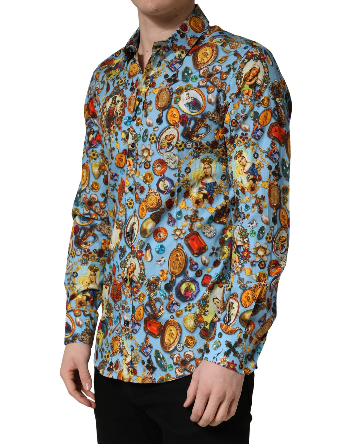 Chemise boutonnée Dolce & Gabbana en coton bleu à imprimé bijou GOLD