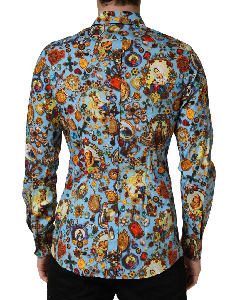 Dolce & Gabbana Blauw Katoenen Overhemd met Knopen en Sieradenprint GOUD