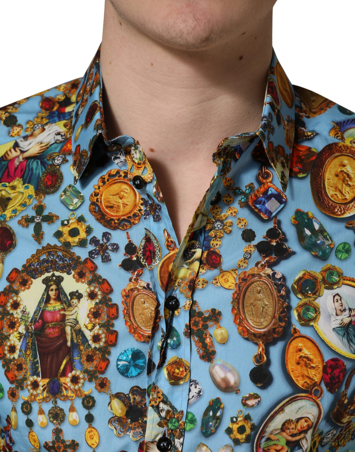 Chemise boutonnée Dolce & Gabbana en coton bleu à imprimé bijou GOLD