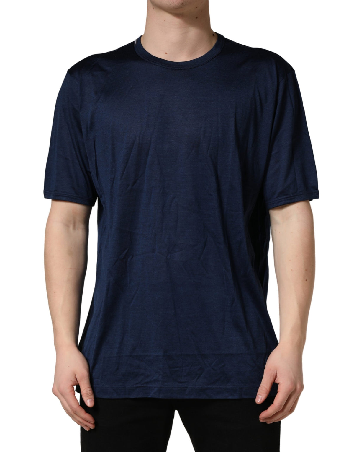 T-shirt Dolce & Gabbana en Soie Bleu Foncé à Manches Courtes et Col Ras du Cou
