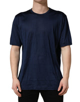 T-shirt Dolce & Gabbana en Soie Bleu Foncé à Manches Courtes et Col Ras du Cou