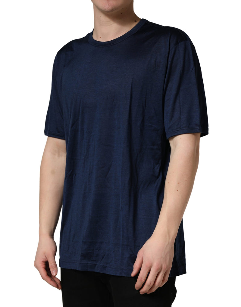 Dolce & Gabbana Donkerblauwe Zijden T-shirt met Korte Mouwen en Ronde Hals