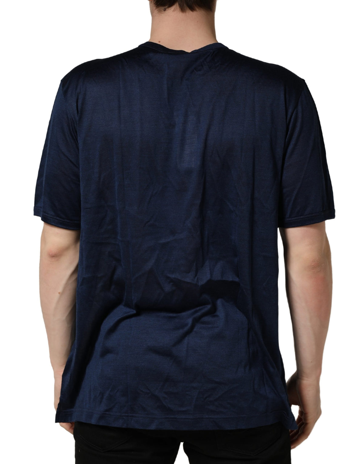T-shirt Dolce & Gabbana en Soie Bleu Foncé à Manches Courtes et Col Ras du Cou