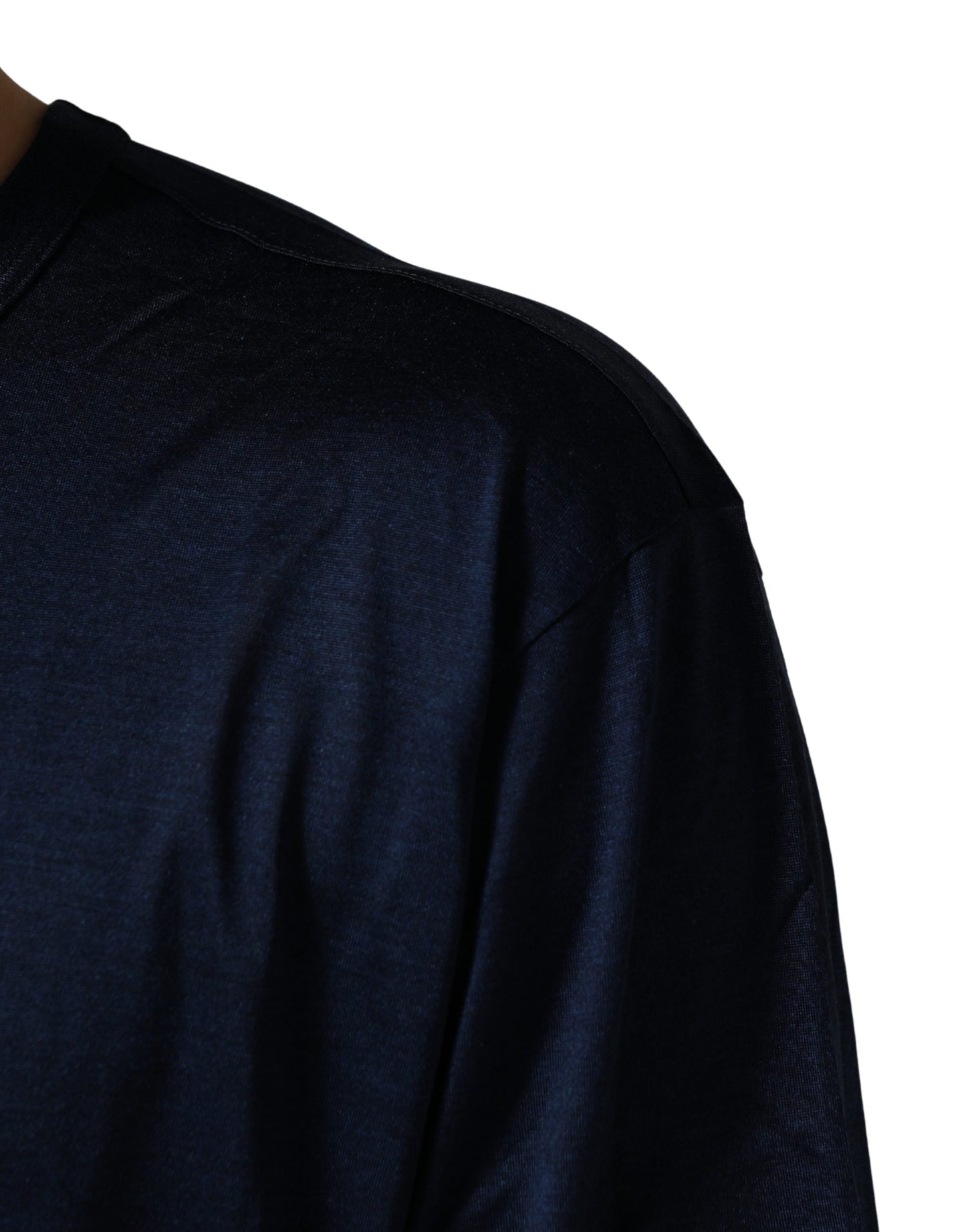T-shirt Dolce & Gabbana en Soie Bleu Foncé à Manches Courtes et Col Ras du Cou