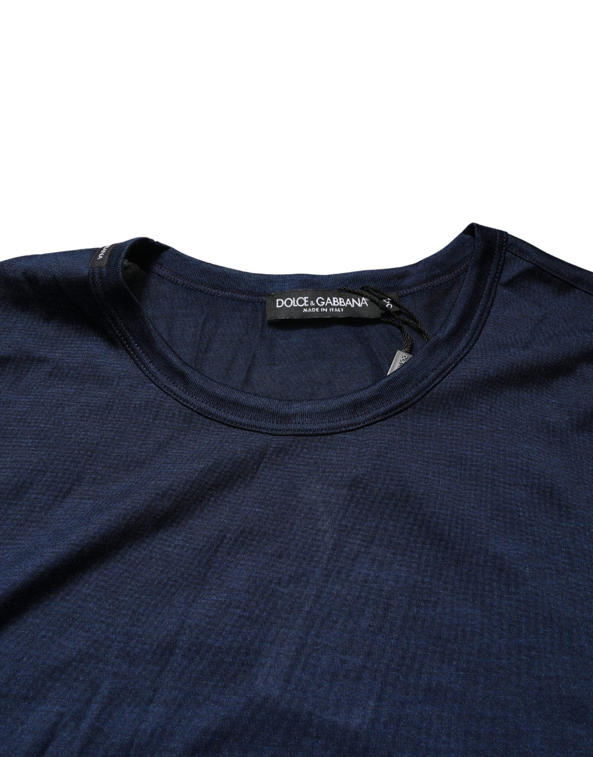 T-shirt Dolce & Gabbana en Soie Bleu Foncé à Manches Courtes et Col Ras du Cou