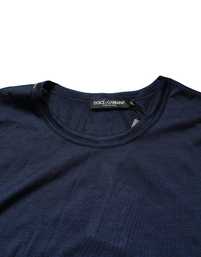 T-shirt Dolce & Gabbana en Soie Bleu Foncé à Manches Courtes et Col Ras du Cou