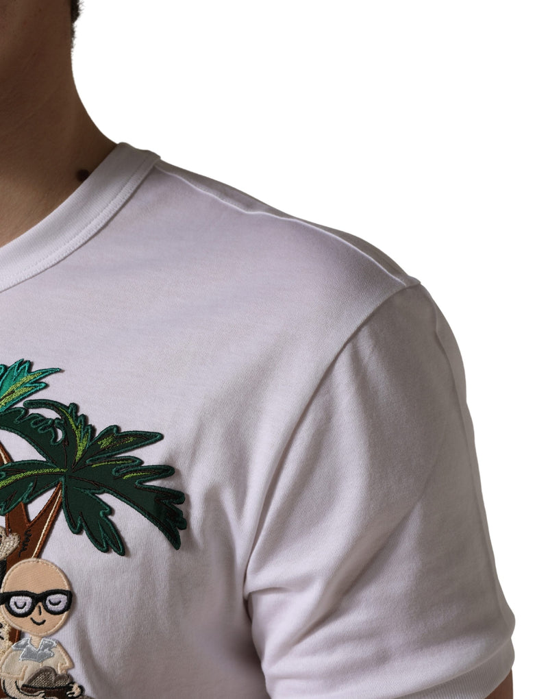 Dolce & Gabbana White Palm Embroidered Men Crew Neck T-shirt