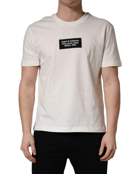 Dolce & Gabbana Wit Logo Patch Katoenen Heren T-shirt met Ronde Hals