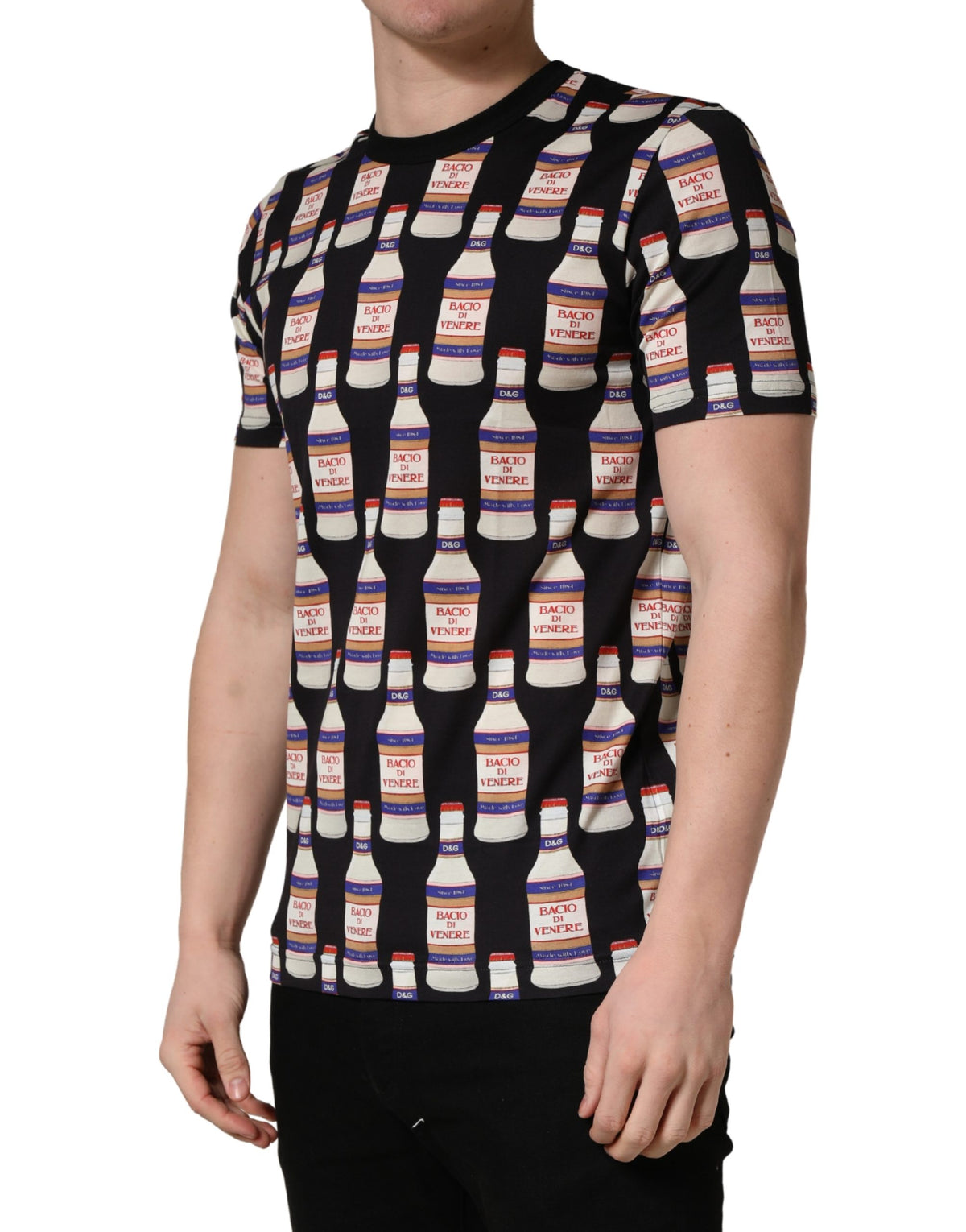 T-shirt Dolce & Gabbana en coton noir à imprimé bouteille et col rond