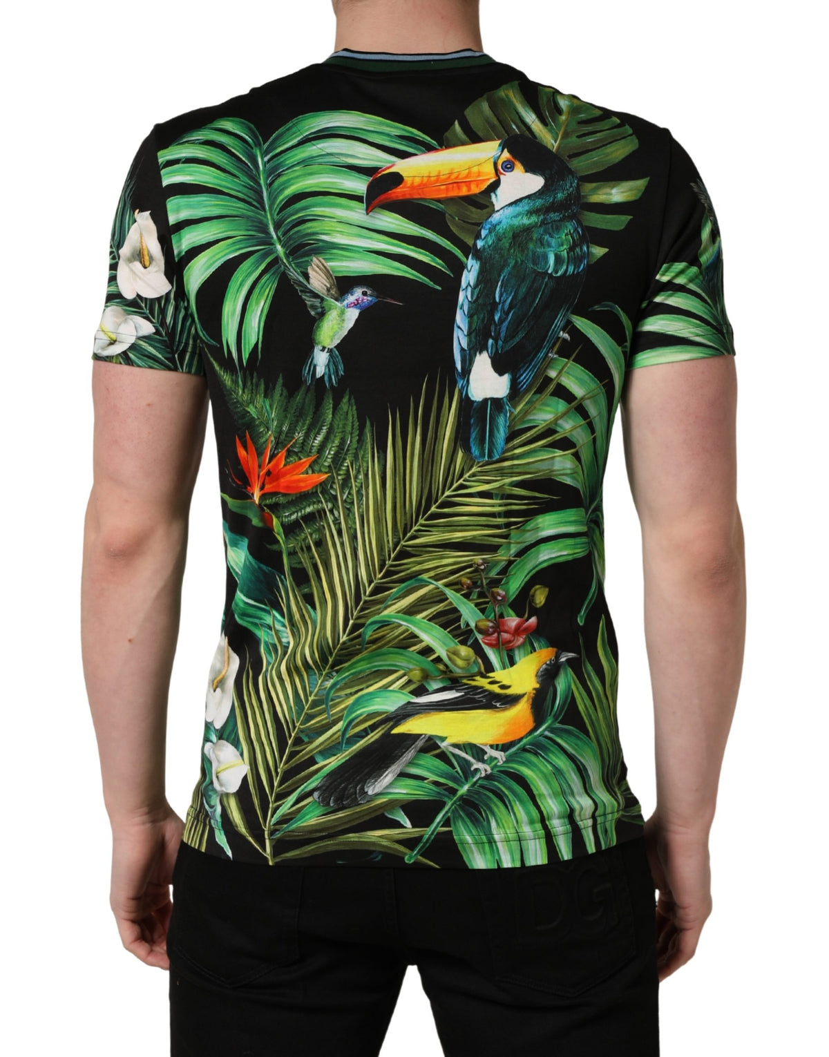 T-shirt Dolce & Gabbana en coton noir à imprimé oiseau pour homme et col rond