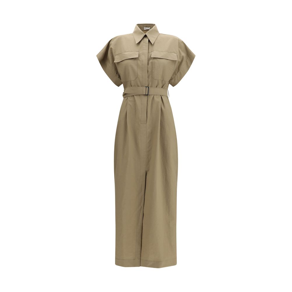 Brunello Cucinelli Beige Cotton Midi Dress with Belt