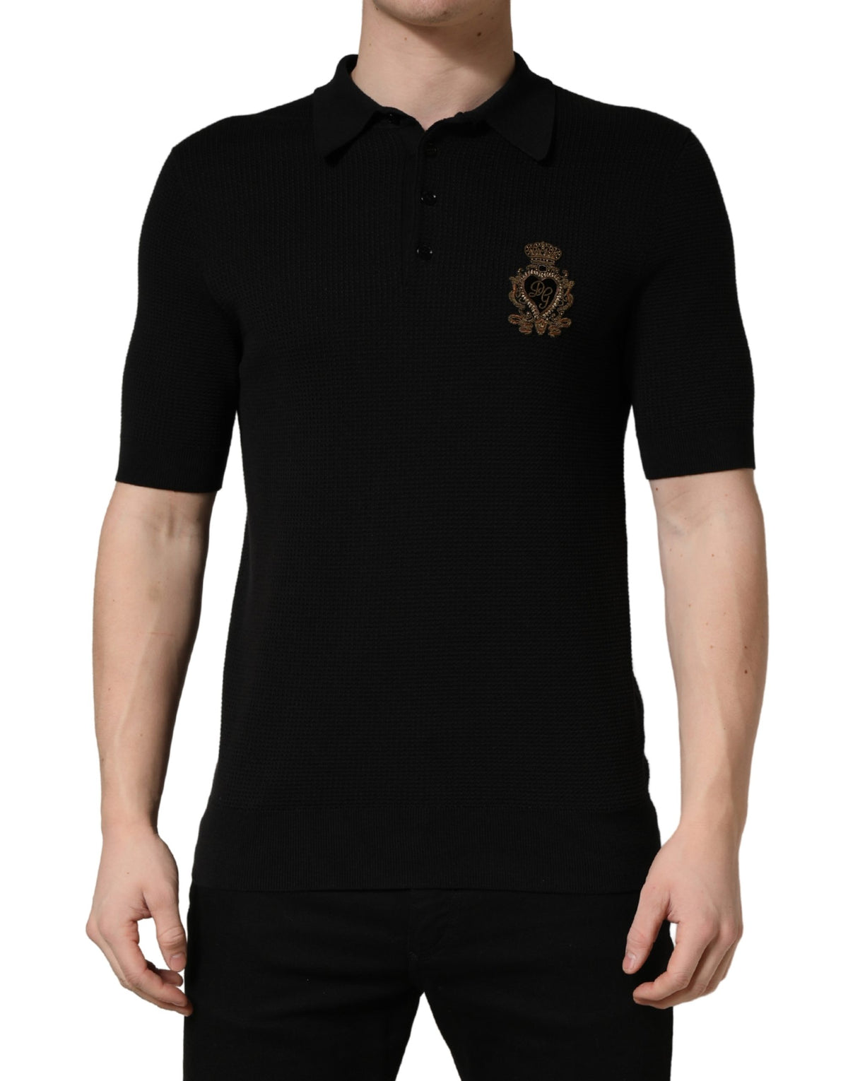 T-shirt polo en soie Dolce & Gabbana noir avec écusson héraldique